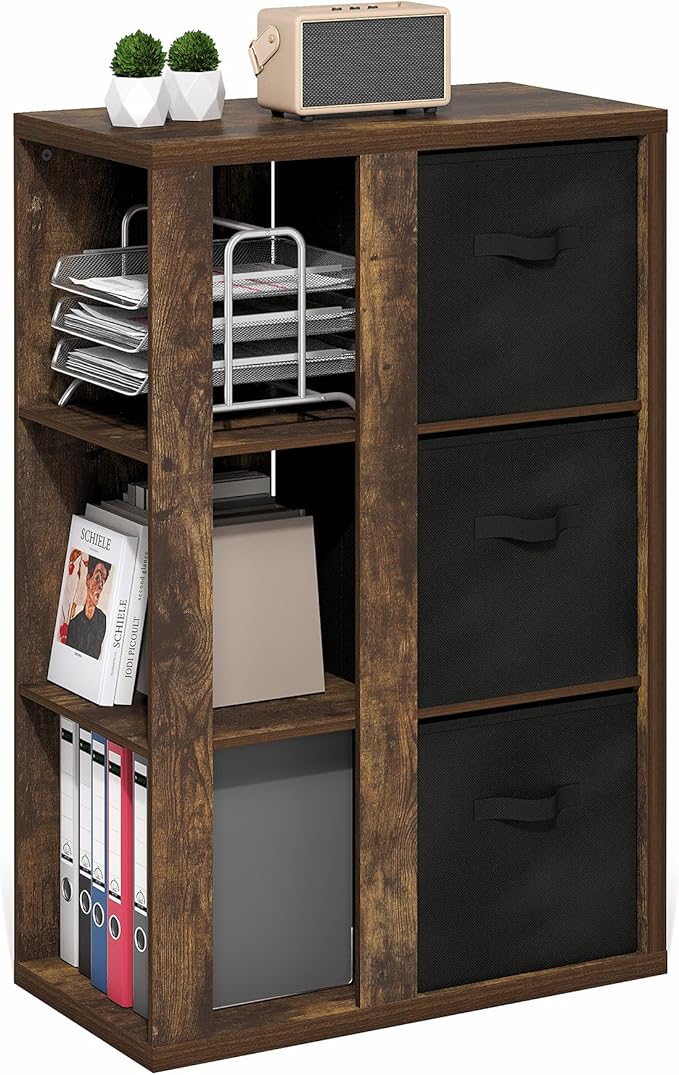 Furinno Viola Book Shelf, 3-Tier Bookshelf, Cube Storage Organizer Bookcase with Open Shelf, with Storage Bins, 13.6 x 29.3 x 43.8, for Living Room, Bedroom, Home Office, Amber Pine/Black