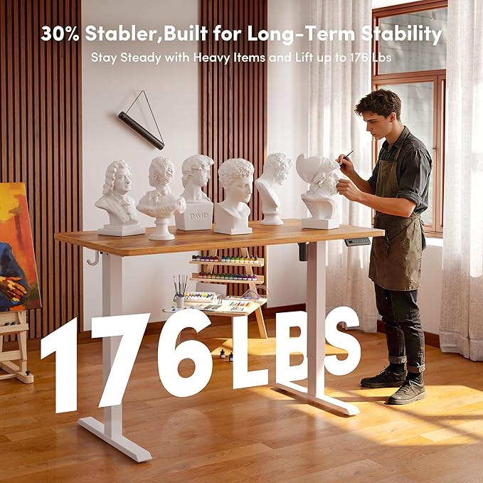 CubiCubi 55 x 24 Large One-Piece Standing Desk, Adjustable Height Electric Computer Home Office Sit Stand up Workstation, with 4 Memory Presets, Headphone Hook, Light Vintage