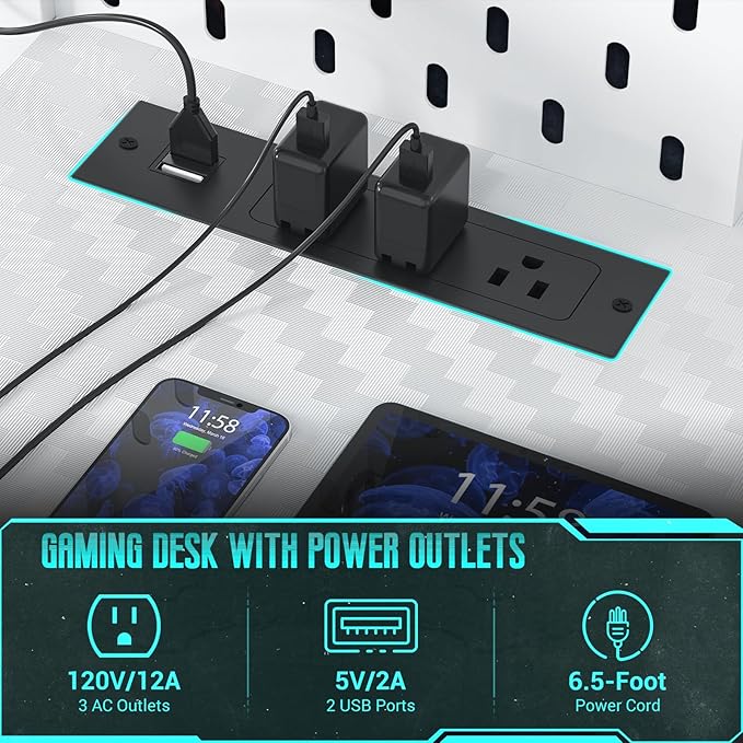 Besiost Gaming Desk with Hutch and LED Lights, Gaming Computer Desk with Power Outlets, Gamer Desk with Storage Shelves, PC Game Desk with Pegboards for Bedroom, Carbon Fiber White, 49"