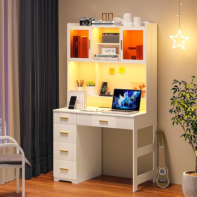 WOOVIVS LED Study Desk with Hutch and Drawer, Home Office Desk with Outlet, Computer Desk with Charging Station, Writing Desk for Bedroom, Workstation for Small Spaces (White)