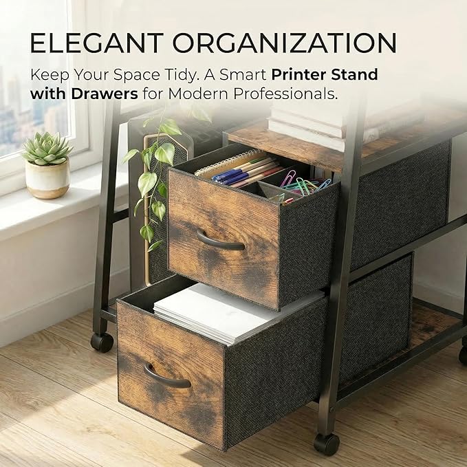 Printer Stand Featuring Fabric Drawers, Under Desk Host Computer Cabinet and Shredder Shelf, Heavy Duty Printer Stand with Storage Workstation Organization Printer Table for Home Office