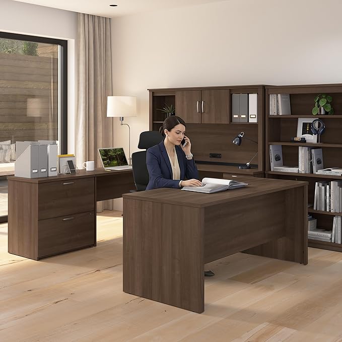 Bestar Logan 66W U-Shaped Desk with Hutch, Lateral File Cabinet, and Bookcase in Antigua