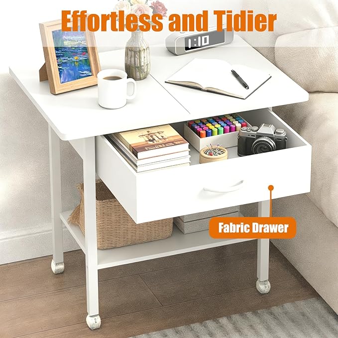 22" x 15" Under Desk Rolling Printer Stand, 2-Tier Industrial Mobile Printer Table with Strong Fabric Drawer, Storage Shelf, Steel Frame and Lockable Wheels, Printer Cart for Home Office (White)