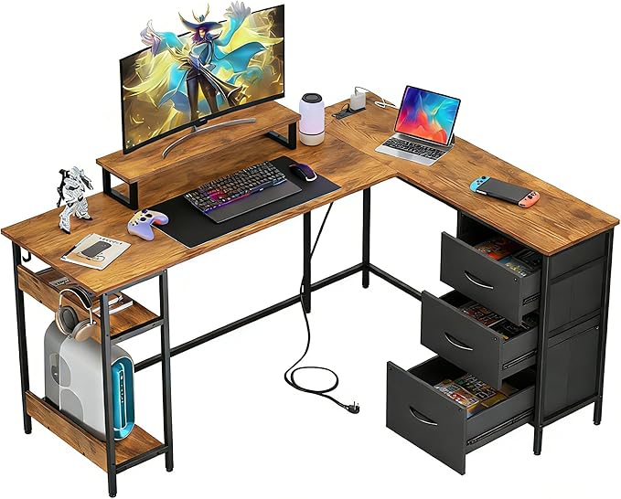 DEVAISE L Shaped Gaming Desk with Drawers and Storage, L Shaped Desk with LED Lights, Power Outlets, PC Desk with Monitor Stand, Corner Desk for Home Office (Rustic Brown, 60 Inch)