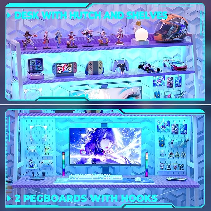 Besiost Gaming Desk with Hutch and LED Lights, Gaming Computer Desk with Power Outlets, Gamer Desk with Storage Shelves, PC Gamings Desk with Pegboards for Bedroom, Carbon Fiber Purple, 49"