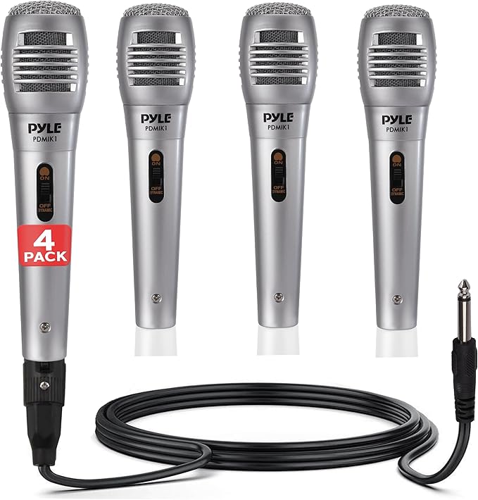 Pyle Professional Dynamic Microphone - 4-Pack Unidirectional Handheld Mic with Built-in Pop Filter, High Signal Output, 6.5 ft. XLR Audio Cable, Ideal for Stage, Karaoke & Studio Performances