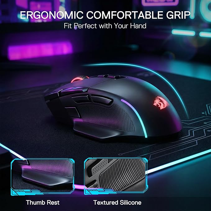 Redragon M925 PRO Wireless Gaming Mouse, 26,000 Max DPI Optical RGB Gaming Mice with 10 Programmable Buttons, Ergonomic Natural Grip Build, Software Supports DIY Keybinds & DPI, Black