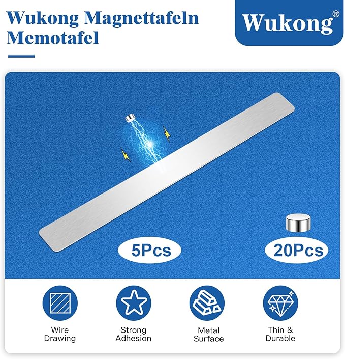Wukong 5 Pack | 30x4cm (11.81 x 1.57) Magnetic Stainless Silver Board Strips, Adhesive Backing Bulletin Bar, Memo Strip with 30pcs 5x3mm Magnets for Office, Home, Photo Wall, Documents