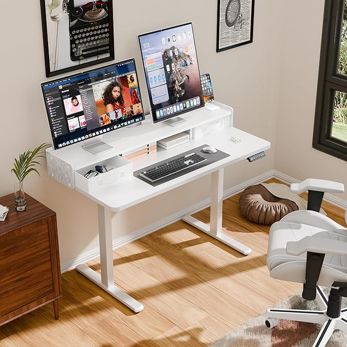 YESHOMY 48" x 23" Electric Standing Desk with 2 Storage Drawers, Height Adjustable Computer Desk, Low Noise Home Office Stand Up Desk with 2 Preset Heights & 2 Hooks, White