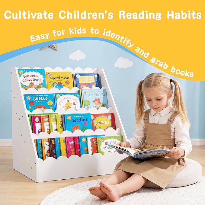 BALAPET Scalloped Book Shelf for Kids, 3-Tier Wooden Bookshelf Perfect Height for 1-5 Years Toddler, Durable Bookcase Book Organizer for Nursery Room(White,16.5 * 16.5 * 10.6in)