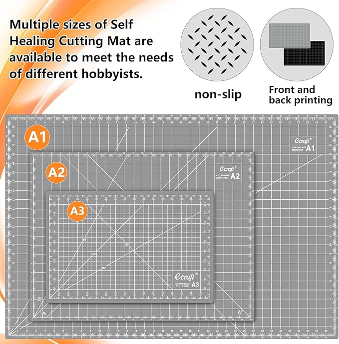 Ecraft Self Healing Cutting Mat 18x12 Inch A3, 5-Ply Double Sided Rotary Cutting Board with Grid, Grey/Black for Sewing, Quilting, Fabric & Craft Projects