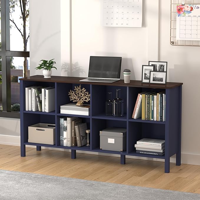 8-Cube Bookcase, Farmhouse Wooden Bookshelf Low Storage Organizer, 59" Horizontal Navy Blue Console with Legs, Hallway Book Case for Entryway, Display Cabinet for Living Room (Navy Blue, 8-Cube)