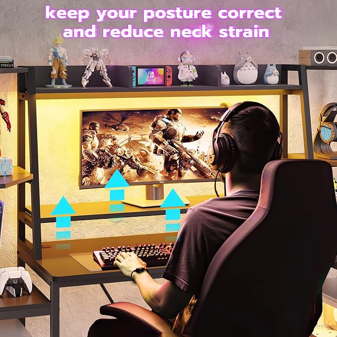 SEDETA Gaming Desk 65.7'' with LED Lights, Hutch and Storage Shelves, Computer Desk with Monitor Stand, Large PC Gamer Desk Workstation, Ergonomic Gaming Table for Bedroom, Living Room, Black