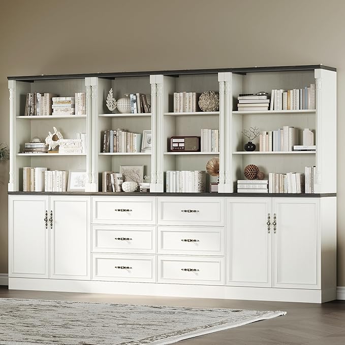 Bookshelf with Doors, 71" Tall Wood Book Shelf with Cabinet, 24" Wide Bookcase with Adjustable Shelf, Floor Standing Display Storage Cabinet for Home Office, Study and Living Room, Antique White