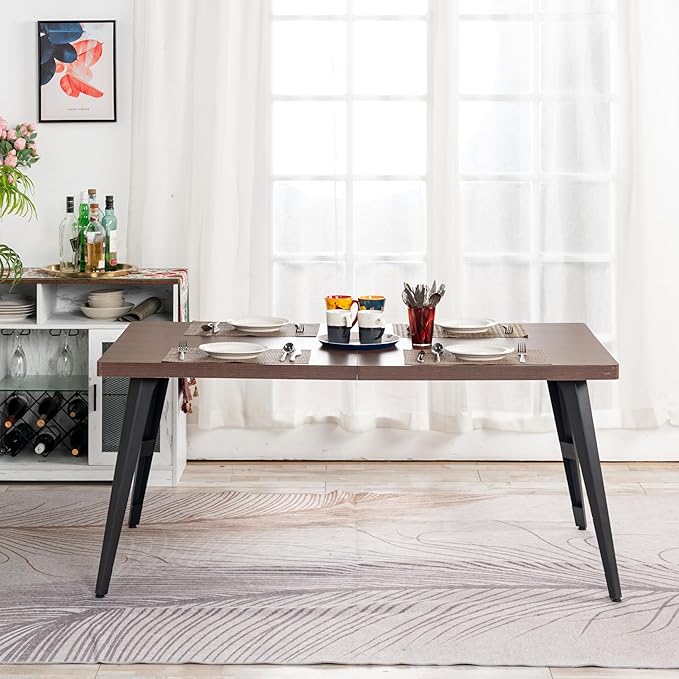 Homy Casa 5-Piece Home Office Set, Mid-Century Modern Style Rectangular Top Table & Upholstered Comfy Accent Chairs for Home Office Reception Room, 4 Chairs and 1 Table, Brown&Beige