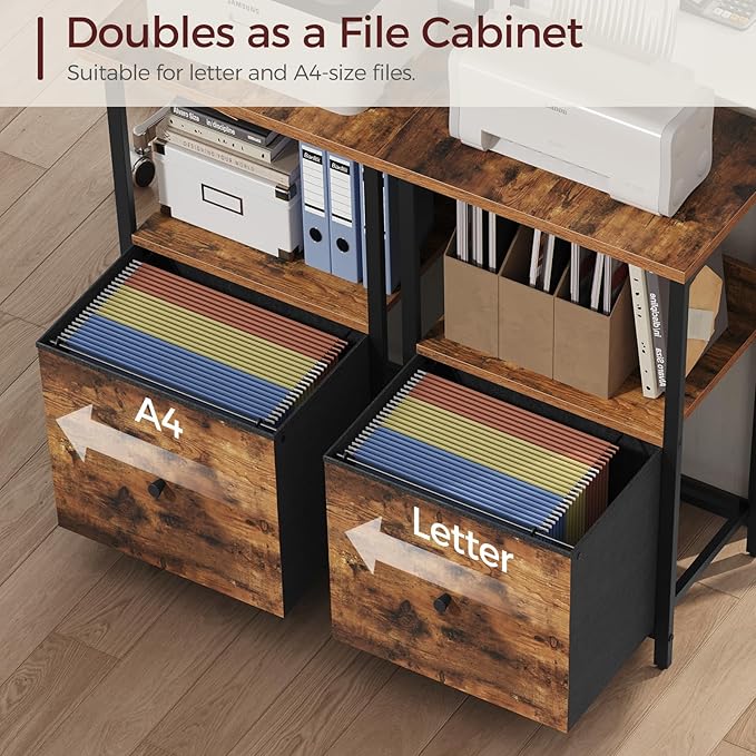 MAHANCRIS Printer Table with Storage, Home Printer Stand with File Cabinet, Fits A4/Letter Size Files, Printer Cabinet with Large Tabletop, Display Shelf, for Home Office, Rustic Brown PTHR3501