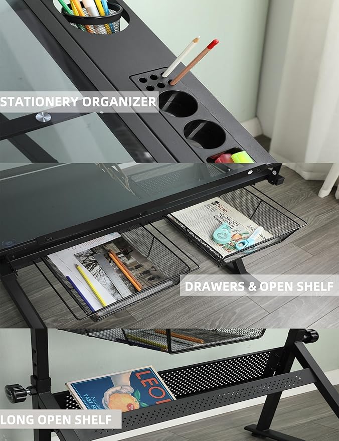CuisinSmart Drafting Table w/Stool Height Adjustable Multifunctional Art Craft Diamond Paintings Work Station w/2 Storage Drawers Artists Desk Tilting Glass Tabletop for Home Office Black