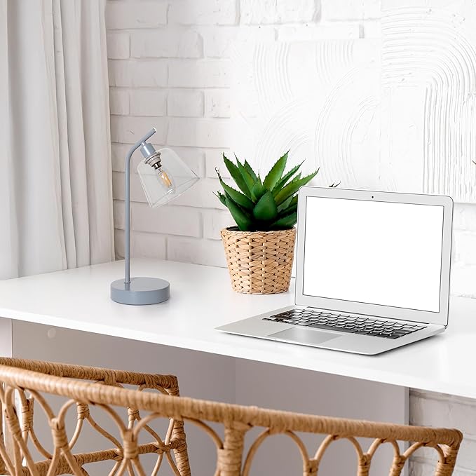 Simple Designs LD1080-GRY 16" Sleek Essentials Modern Industrial Metal Desk Lamp with Clear Glass Shade, for Office, Desk, Nightstand, Dorm, Gray