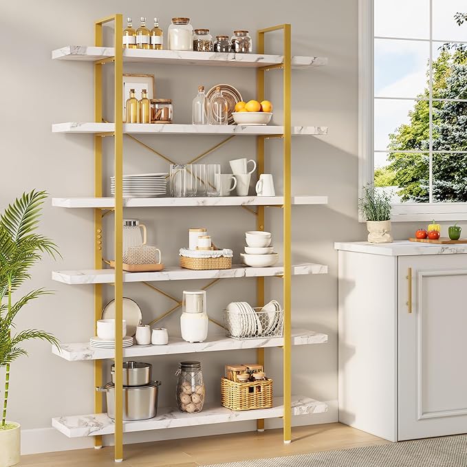 OtterOasis Heavy Duty 6-Tier Industrial Bookcase, 47" Wide Wood Bookshelf for Home Office, 120lbs Shelf Capacity, Open Shelving Display with Reinforced Horizontal Shelf for Living Room Bedroom, White