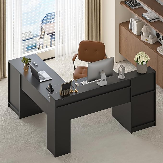 YOMILUVE 63" Farmhouse L Shaped Desk with Drawers & Storage Shelf, Corner Computer Desk with Power Outlets for Home Office, Executive Desk with Monitor Stand, Printer Shelf, Black