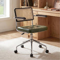 Zesthouse Modern Home Office Chair Leather Desk Chair with Rattan Back, Vanity Chair for Girls Women, Upholstered Tufted Swivel Armchair for Bedroom, Height Adjustable Computer Task Chair