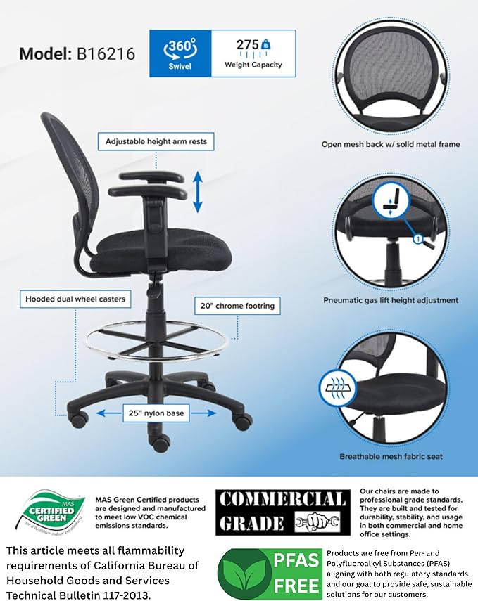Boss Office Mesh Drafting Stool W/Adjustable Arms (B16216)