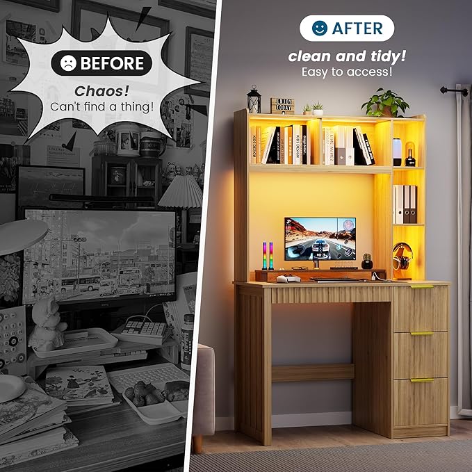 WOOVIVS Home Office Desk with Hutch & LED Lights - 39" Computer Desk with Charging Station, 3 Large Drawers, Hidden Compartment & Fluted Panel Design,Natural Writing Desk for Bedroom, Study
