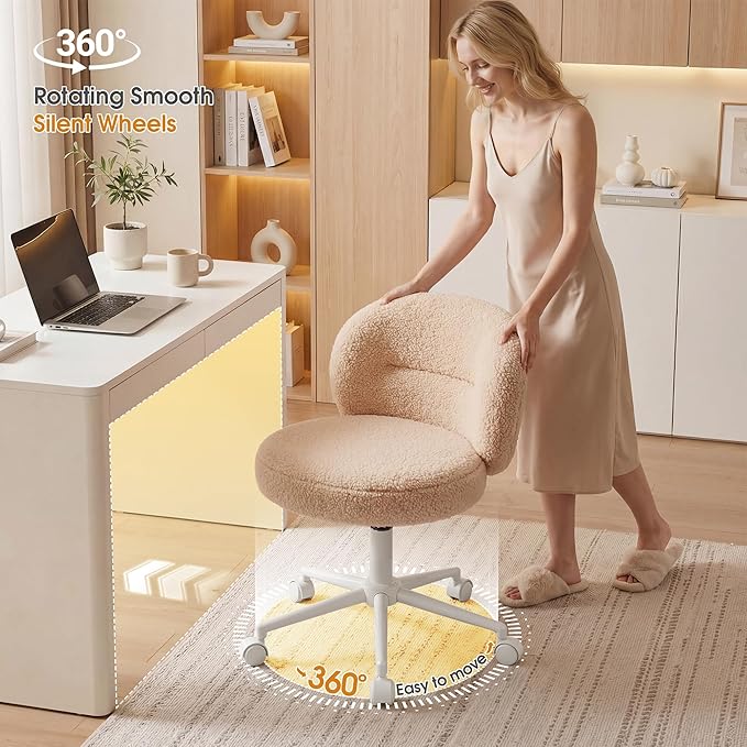 Homkdom Small Round Vanity Chair with Back, Armless Home Office Desk Chairs, Height Adjustable & 360° Swivel, Cute Comfy Vanity Computer Chair for Bedroom, Home Office, Yellow