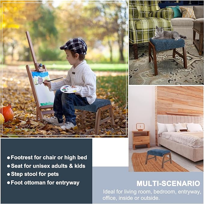 Small Footstool Ottoman, 11.8" H Fabric Wooden Foot Rest Ottoman with Wood Legs, Small Foot Stool Sofa Footrest Extra Seating for Living Room Entryway Office, Royal Blue