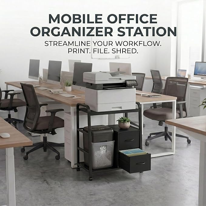 Printer Stand Featuring Fabric Drawers, Under Desk Host Computer Cabinet and Shredder Shelf, Heavy Duty Printer Stand with Storage Workstation Organization Printer Table for Home Office