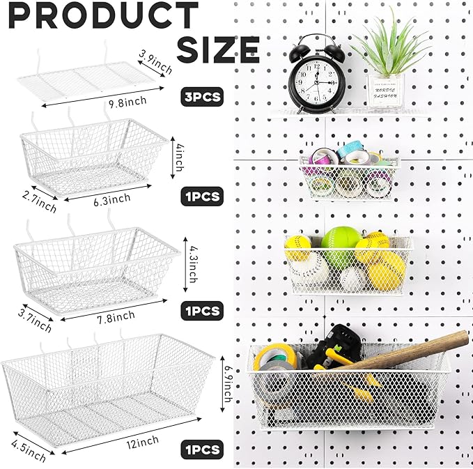 Sieral 6 Pieces Pegboard Baskets Wall Mount Wire Peg Board Baskets 3 Sizes Pegboard Accessories Slatwall Bins Basket Home Garage Hanging Organizer for Tools and Craft(White)