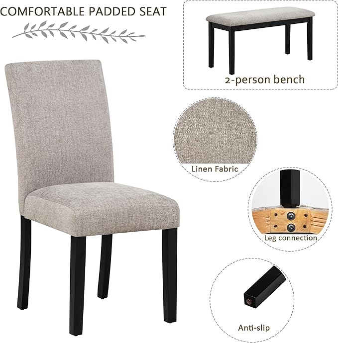 6-Piece Dining Table Set with Bench Solid Wood Kitchen Table with Concrete-Effect Tabletop and 4 Upholstered Chairs Comfortable Seating for Kitchen Restaurant Grey and Black
