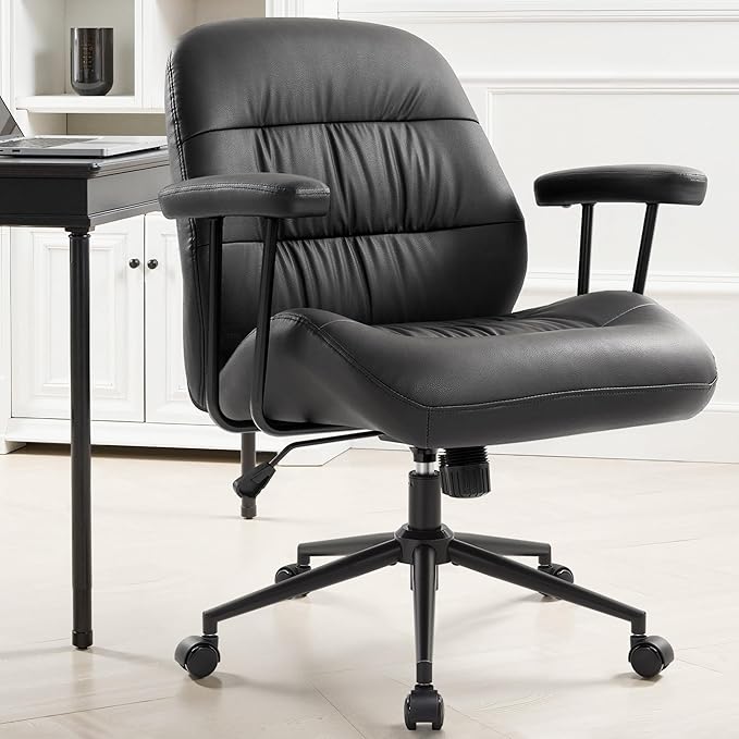 IWMH Home Office Chair, PU Leather Office Chair with Removable Armrests, Mid-Century Modern Desk Chair with Lumbar Support，Ergonomic Executive Task Chairs, Height Adjustable(Black)