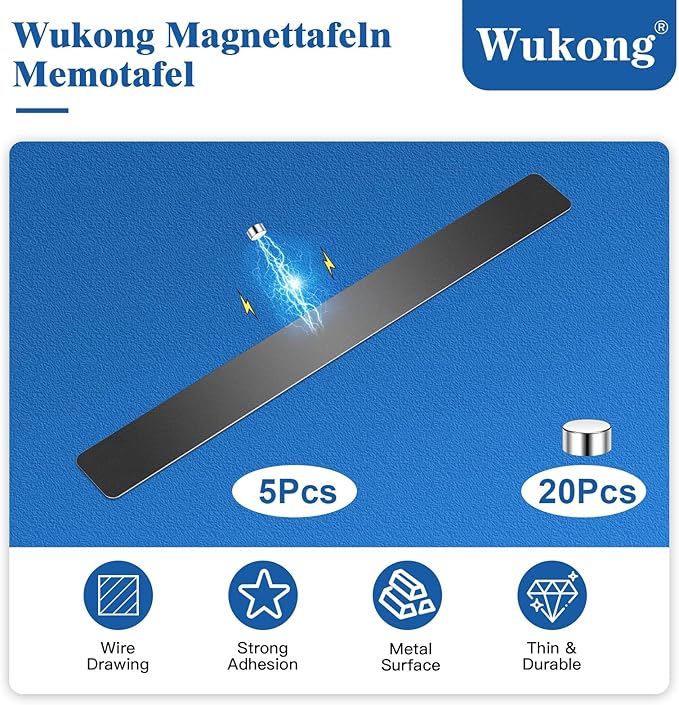 Wukong 5 Pack | 30x4cm (11.81 x 1.57) Magnetic Stainless Black Board Strips, Adhesive Backing Bulletin Bar, Memo Strip with 30pcs 5x3mm Magnets for Office, Home, Photo Wall, Documents