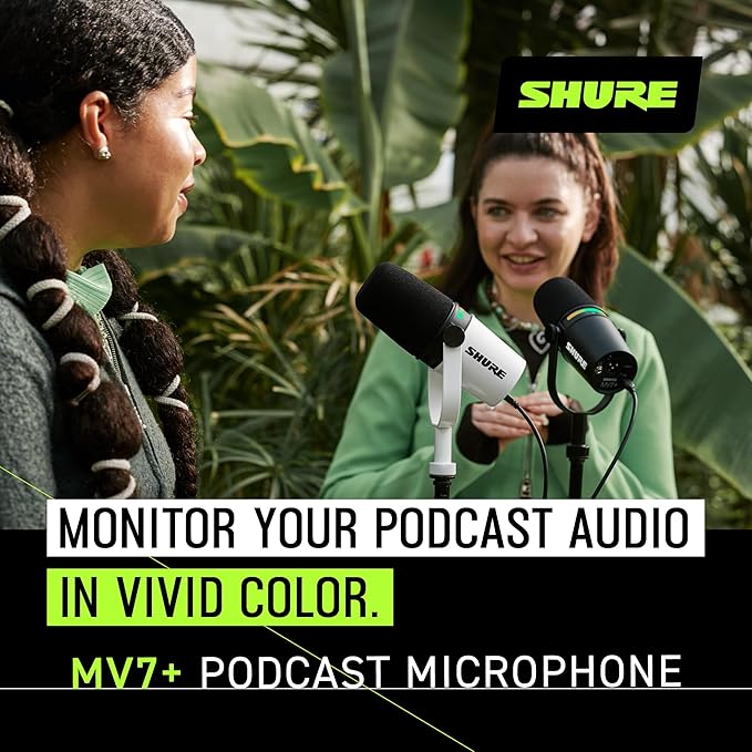 Shure MV7+ Podcast Dynamic Microphone with Stand – OBS Certified, Enhanced Audio, LED Panel, USB-C & XLR Outputs, Auto Level Mode, Digital Pop Filter – for Podcasting, Streaming, and Recording, Black