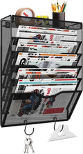 6 Tier Wall File Organizer Hanging Vertical File Organizer, Wall Mounted Mail Paper Document Folder Holder, Mesh Magazine Rack Mail Document Organizer for Office School Home(Black)