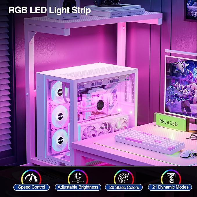 Grandder Gaming Desk 41 Inch with CPU Stand and LED Light, Computer Desk with Reversible Shelves and Storage Drawer, Pc Small Desk for Home Office Table with Bag, Pink