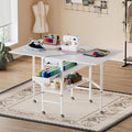 PAKASEPT Height Adjustable Sewing Cutting Table with Charging Station, Folding Craft Table with Storage,Movable Shelves for Large Fabric, Mobile Sewing Desk for Home Office Sewing/Craft Room,White