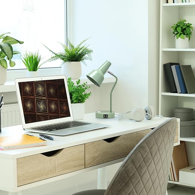 Simple Designs LD1072-SGE 15.2" Sleek Essentials Metal Cone Shade Desk Lamp with Adjustable Shade and Dual USB Ports, for Office, Desk, Nightstand, Dorm, Sage Green