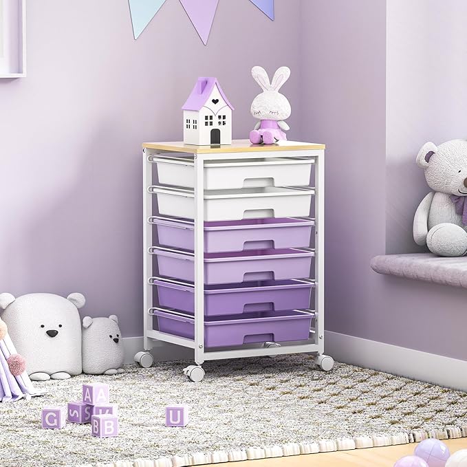 SYKIARIOL Rolling Cart with Drawers,Utility Cart with 6 Drawers,Rolling Storage Cart with Drawers and Wooden Tabletop & Lockable Wheel,Purple
