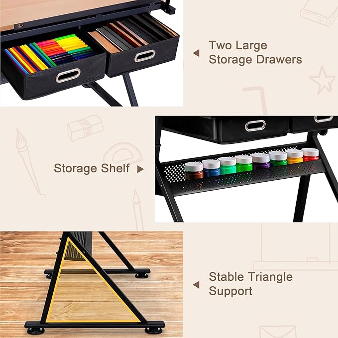 ZENY Adjustable Drafting Table with Stool, Tilting Drawing Desk Artist Table with Storage Drawers, Art Craft Workstation for Home Office Reading, Writing, Crafting (Brown-with Outlet)