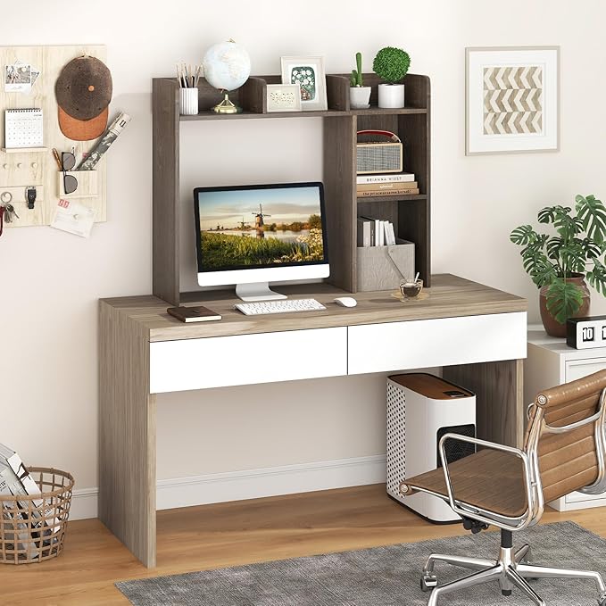 Desktop Bookshelf, 3-Tier Desk Hutch Shelf with 5 Display Rack for Computer Desk, Desk Organizer Shelves for Top of Desk, Dorm, Home, Office (Grey)