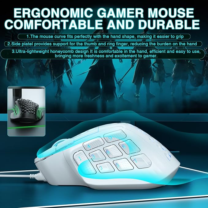 SOLAKAKA SM809 Gaming Mouse for MMO,24000 DPI,16 Programmable,RGB PC Gaming Mice,White