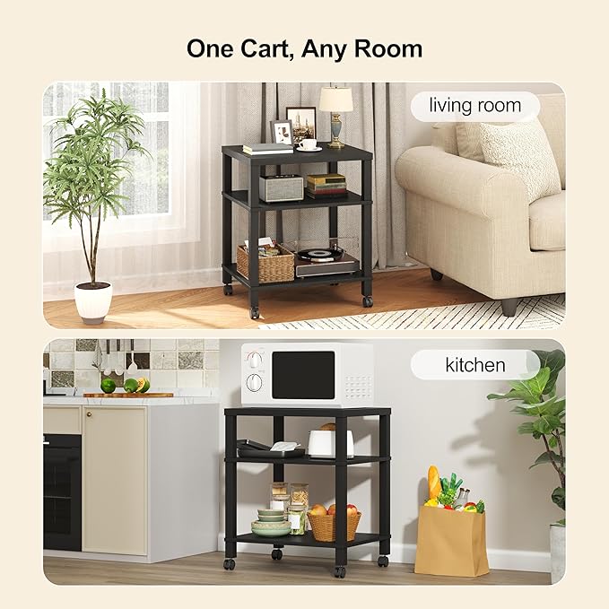 3-Tier Printer Stand with Wheels, Large Under Desk Rolling Cart for Office Storage, Heavy Duty Machine Stand with Adjustable Shelf, 22.04"x17.71"x26.54", Black