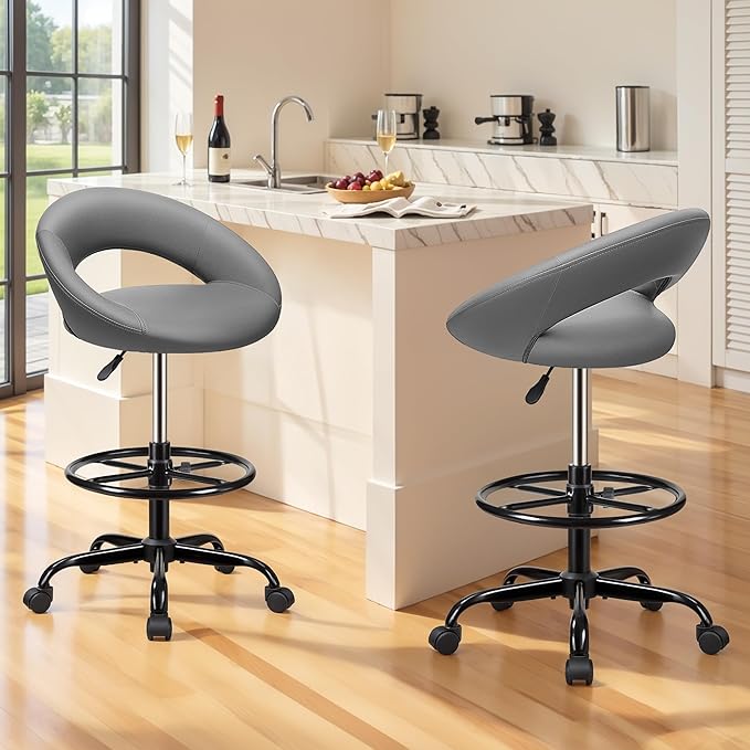 BESTFAIR Drafting Chair with Back, Height Adjustable Rolling Stool with Foot Rest, Tall 360° Swivel Stool PU Leather Chair with Wheels for Home Office, Standing Desk, Gray 4 Pack
