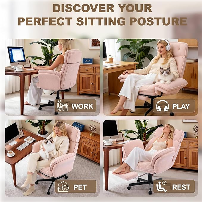 Criss Cross Chair with Wheels, Extra Wide Cross Legged Office Chair with Flip-Up Armrests & Footrest, Ergonomic Teddy Fleece Swivel Desk Chair with Adjustable Headrest for Home Office & Vanity Pink