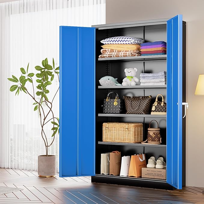 INTERGREAT Metal Storage Cabinet, 72” H Storage Cabinet with 2 Doors and 4 Adjustable Shelves for Office, Home, Garage (Assembly Required, Black Blue)