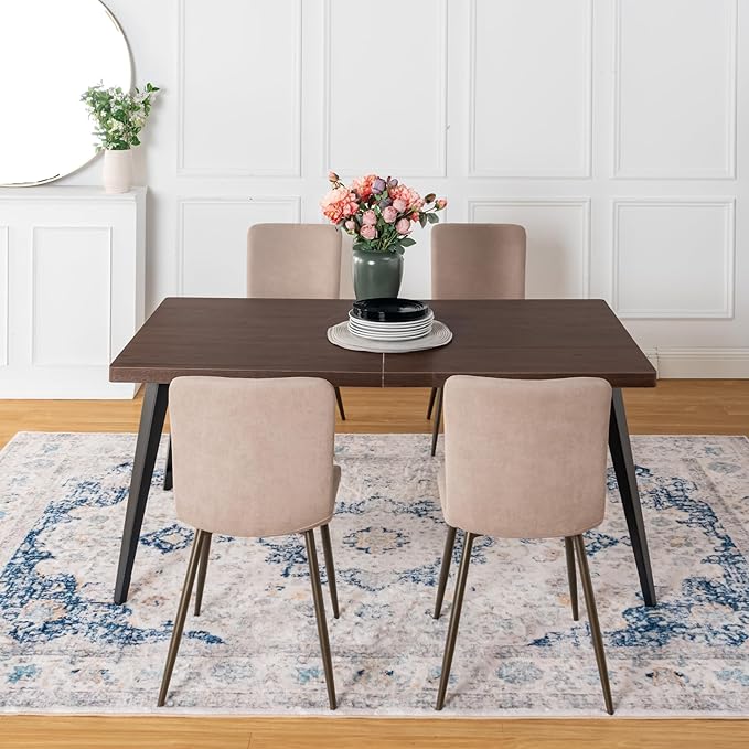 Homy Casa 5-Piece Home Office Set, Mid-Century Modern Style Rectangular Top Table & Upholstered Comfy Accent Chairs for Home Office Reception Room, 4 Chairs and 1 Table, Brown&Beige