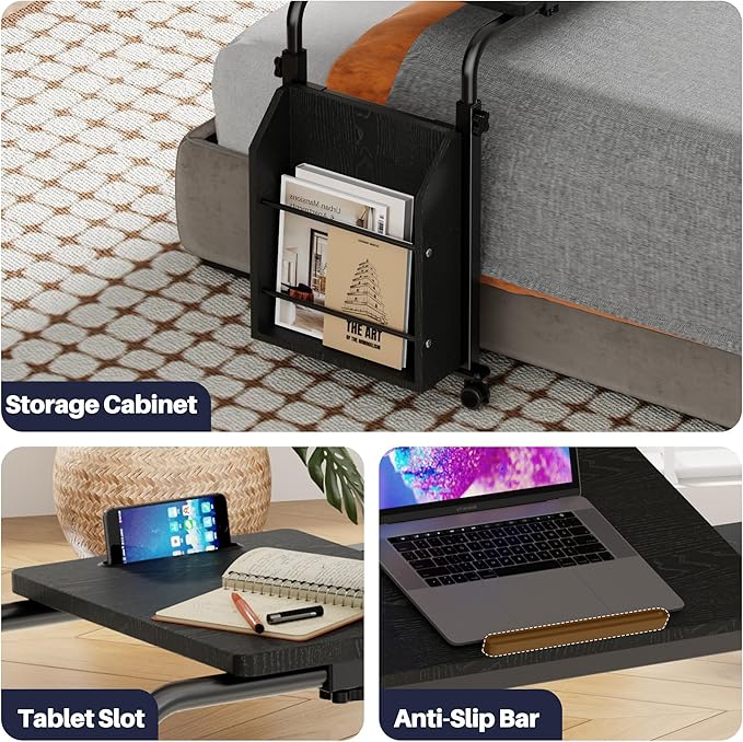 Overbed Table with Wheels, Tilting Overbed Desk Adjustable Height & Length, Queen Over Bed Table with Storage Cabinet, Rolling Laptop Desk for Bedroom, Living Room, Hospital (Black, 47.24in)