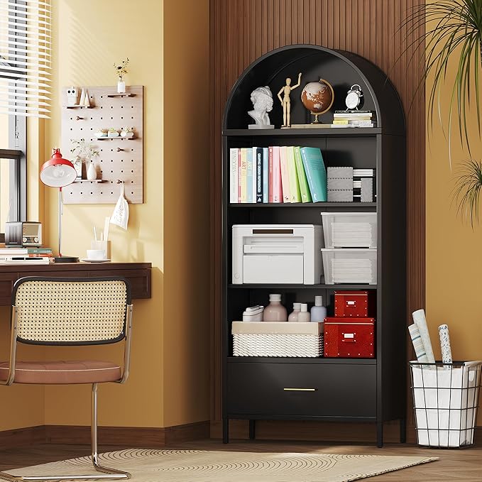 VEXPOR 73" Tall Arched Bookcase Cabinet, 5-Tiers Metal Black Arched Bookshelf with Drawer for Living Room, Home Office, Assembly Required, 15.35" D x 30.71" W x 72.83" H